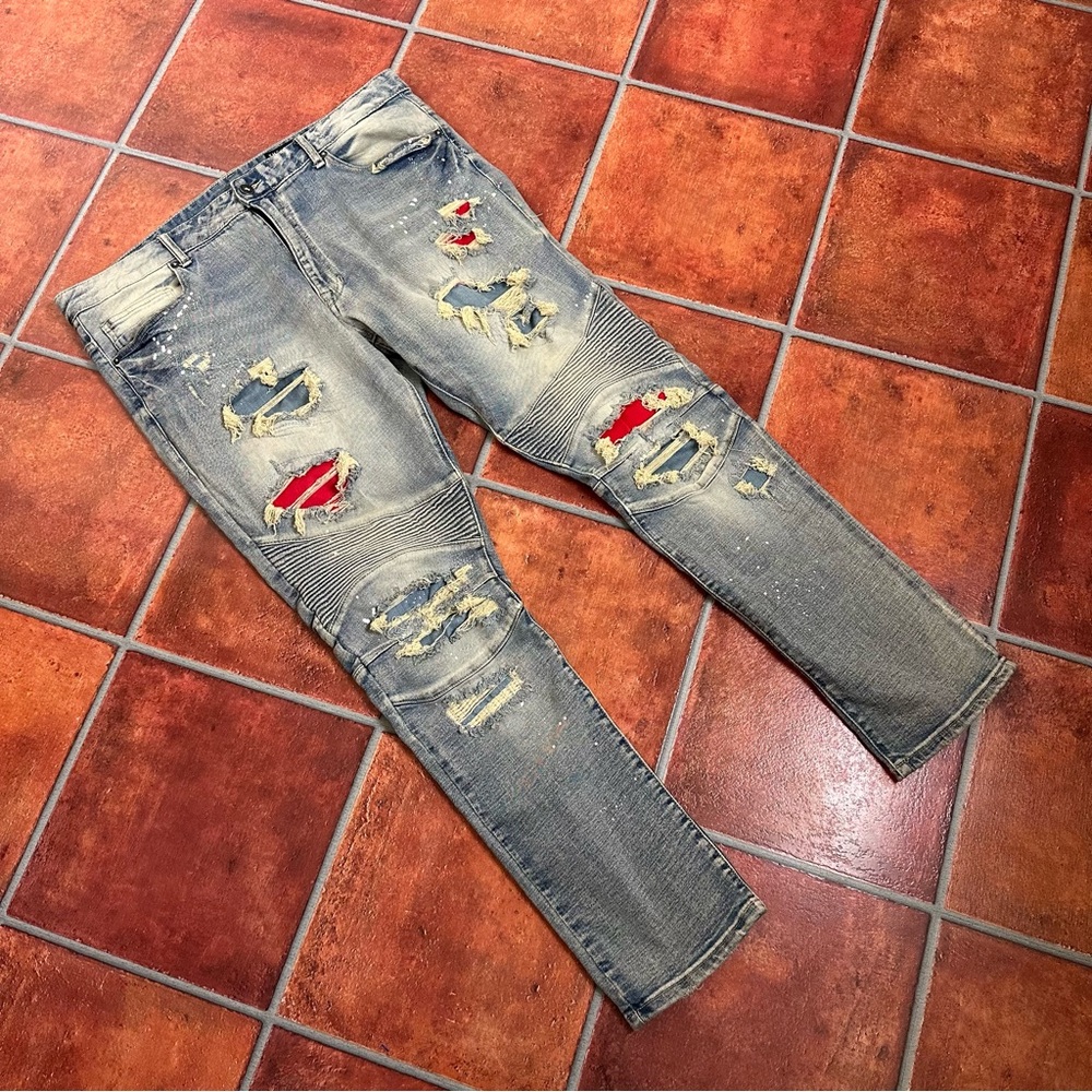 Smoke Rise New York Distressed Moto Jeans with Red Accents